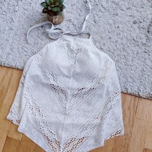 White lace high neck halter swim top